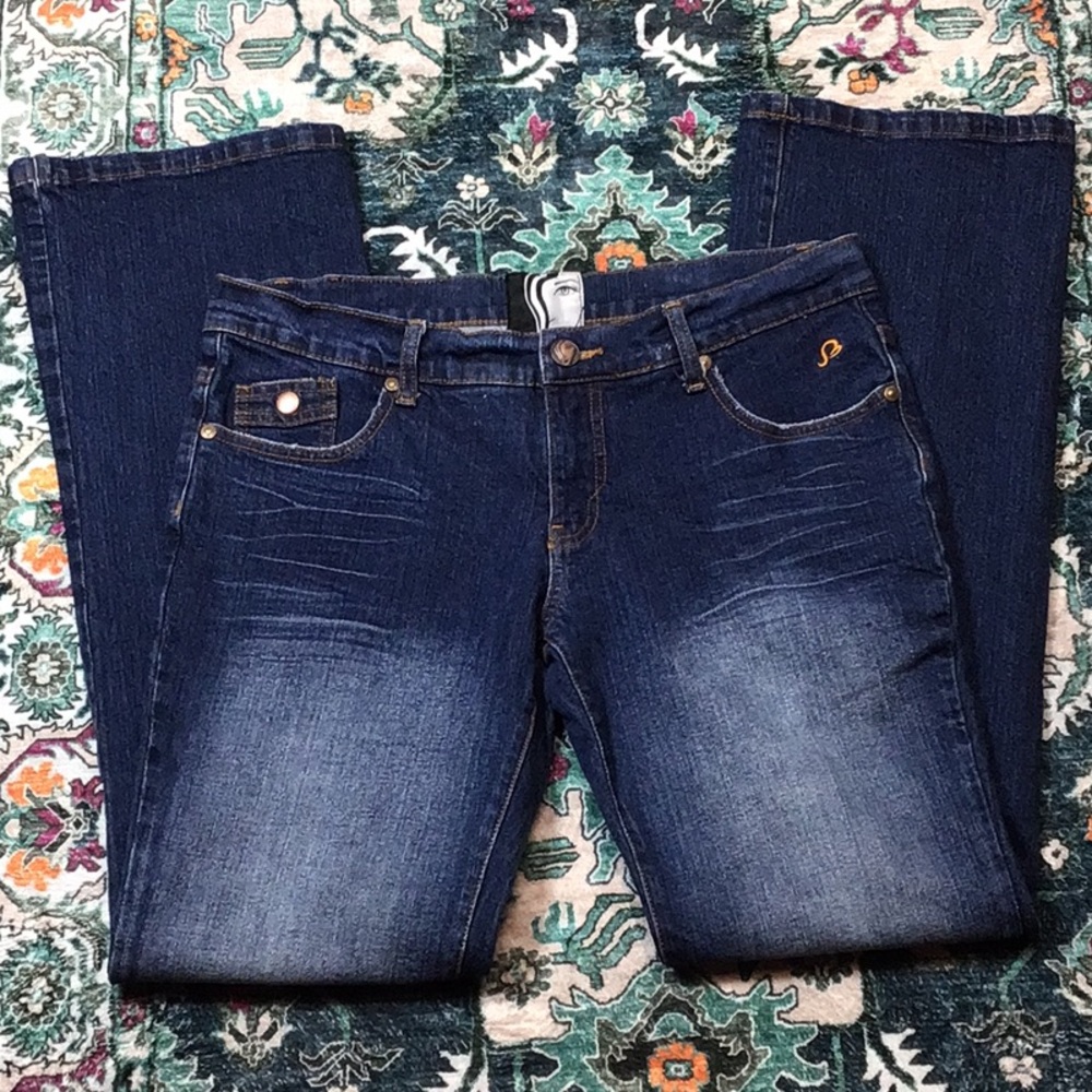 Bebina Jeans Indigo Low Rise Flair Rhinestone Embellished Denim Sz.10 - Picture 12 of 13